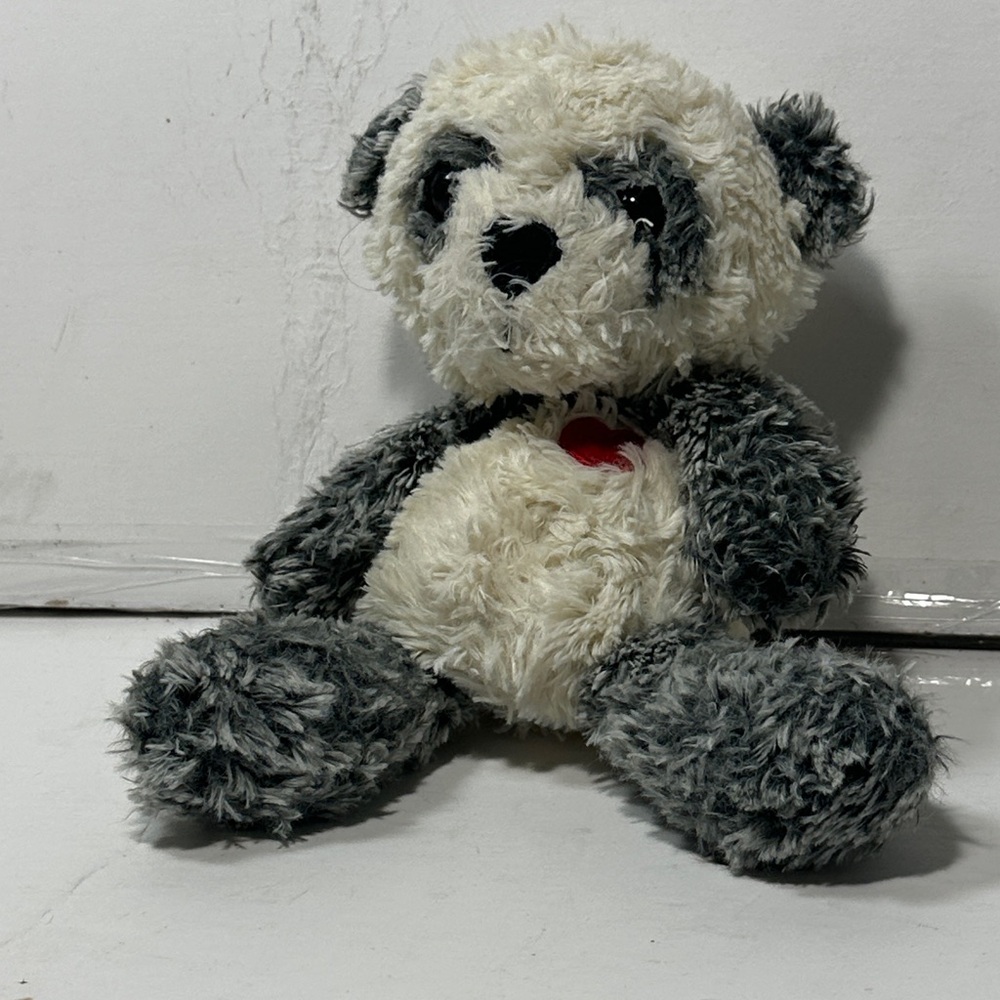 Fluffy Black and White Panda Plush with Red Heart